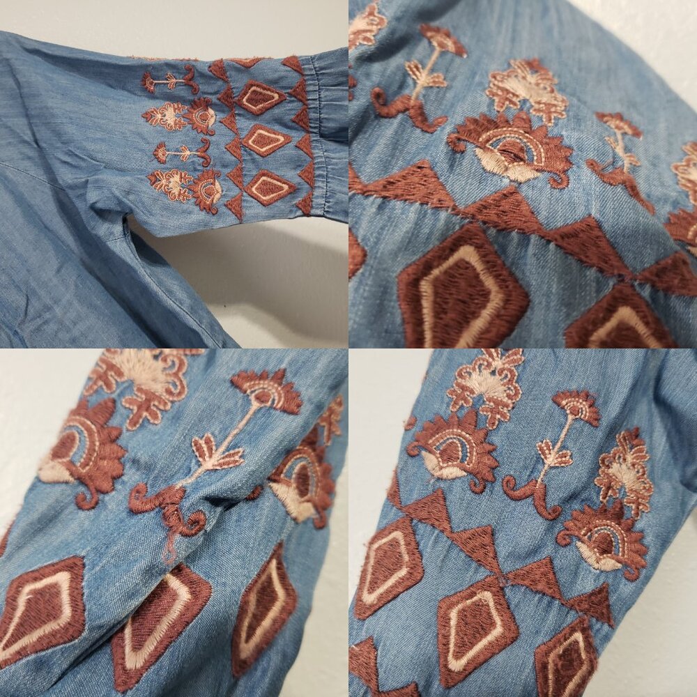 Altar'd State Womens M Embroidered Chambray Boho Tunic Top Blue Long Tassels - Picture 14 of 15